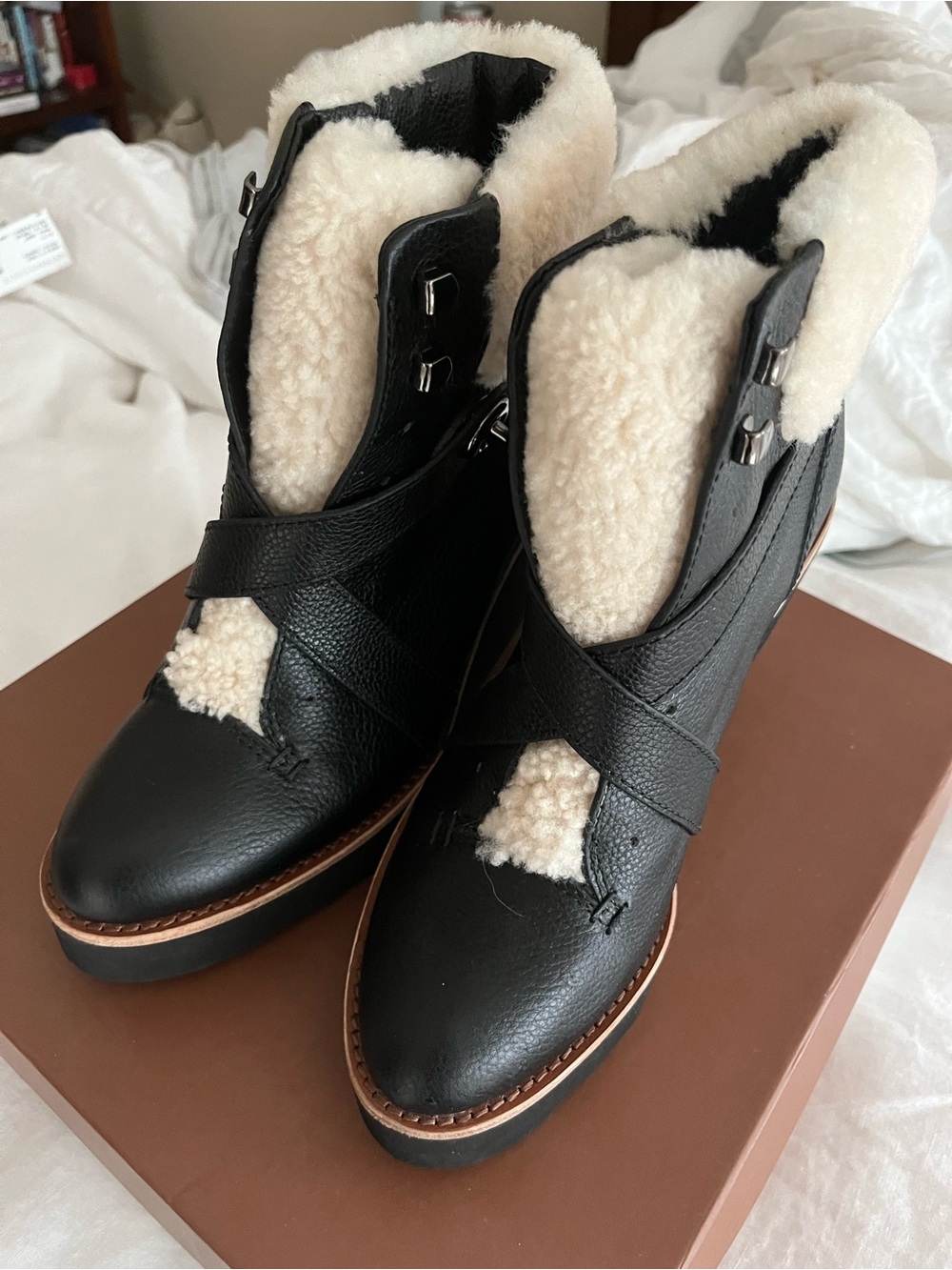 Coach Black Leather Ankle Boots with Cream Shearling - Picture 5 of 9